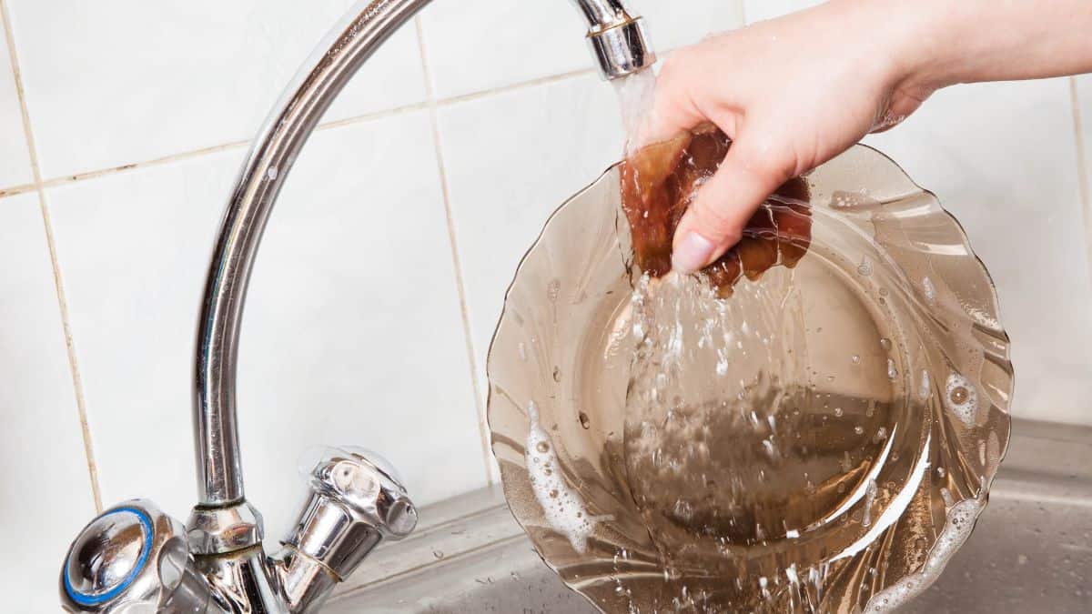 Rinsing a glass plate under water.