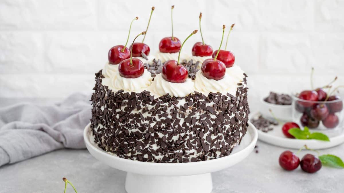 A beautifullyt decorated Black Forest Cake.