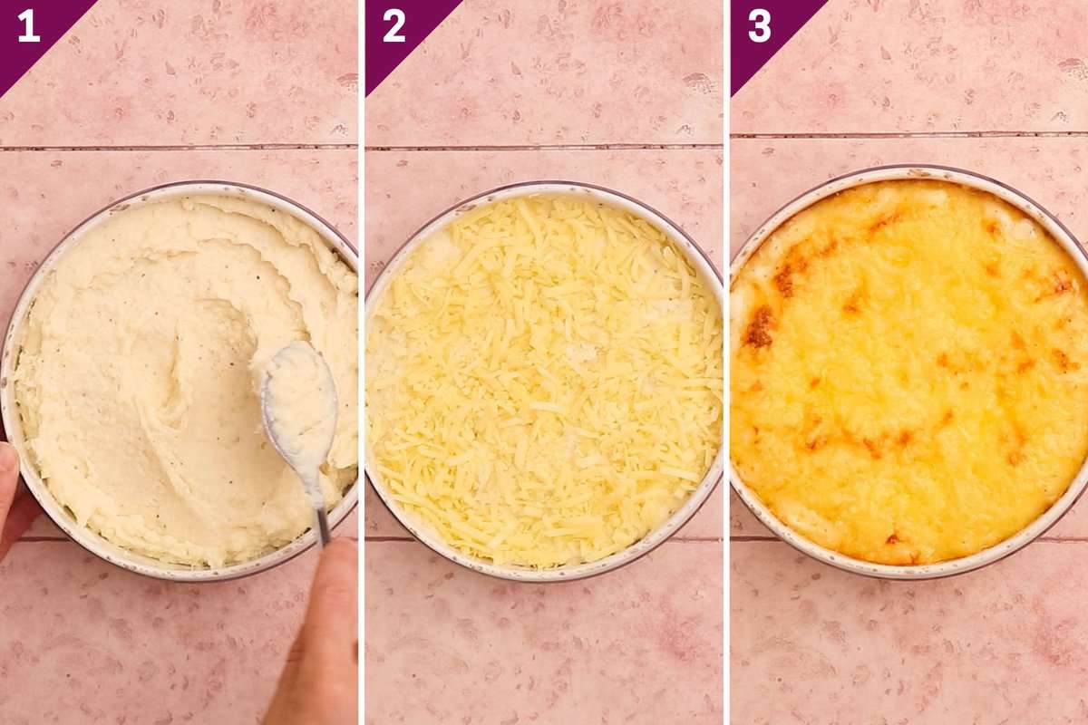 Collage showing how to make a mashed potato casserole in three steps.
