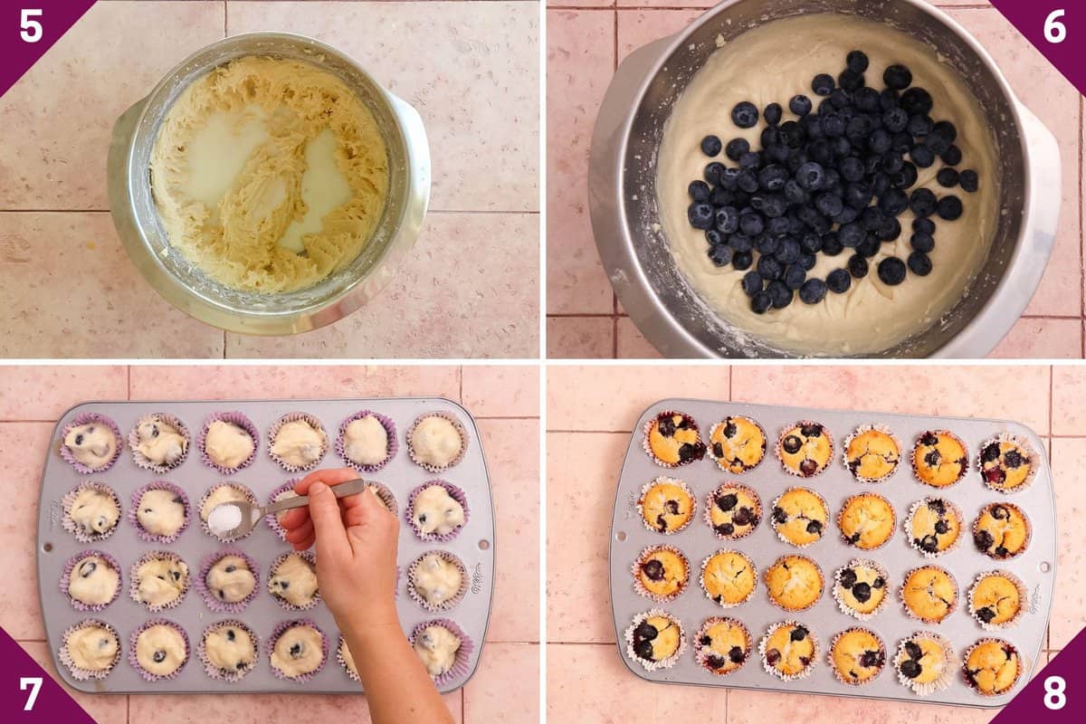 Collage showing how to make mini blueberry muffins.