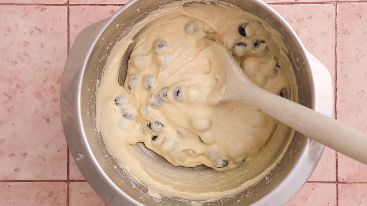 Muffin batter after mixing in blueberries.