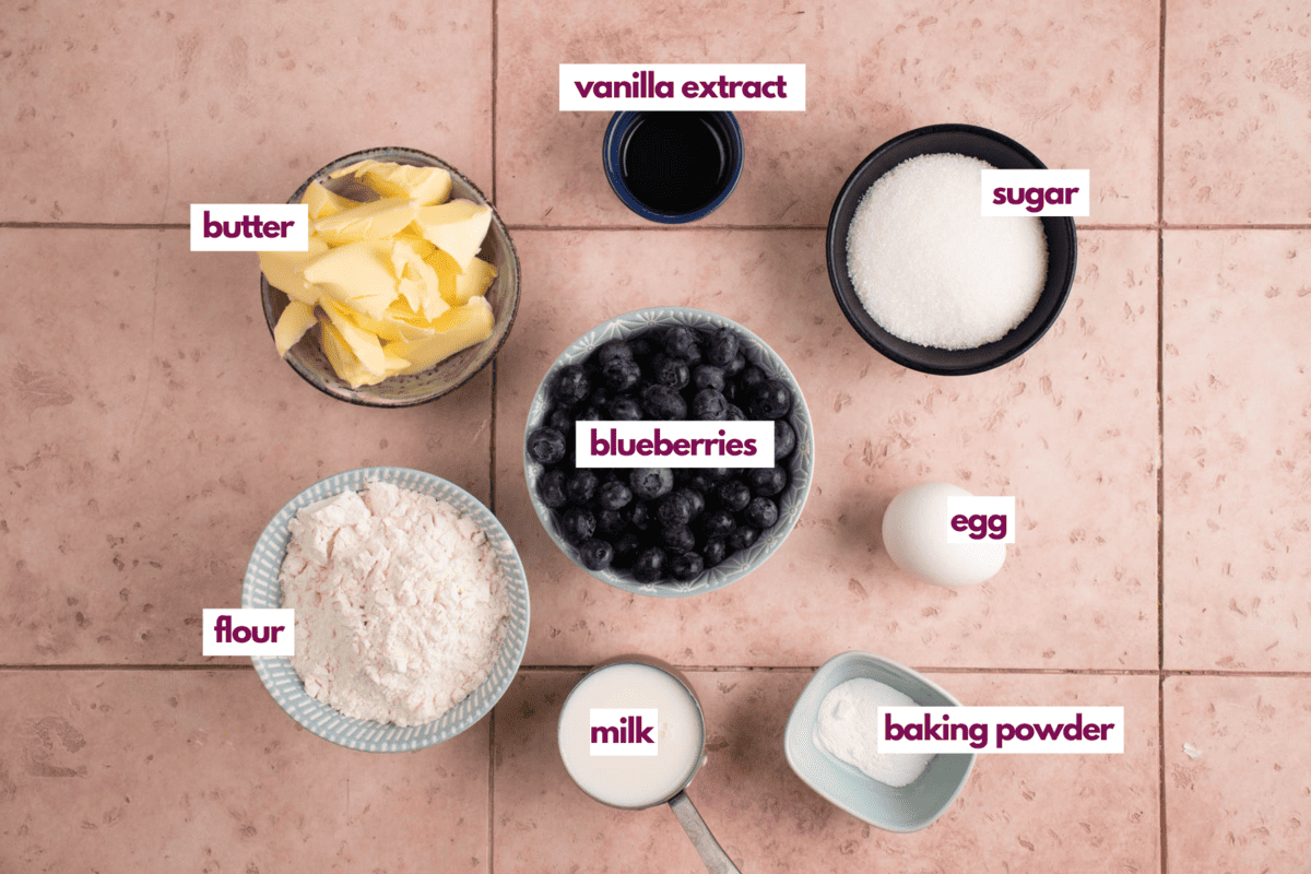 ingredients needed to make mini blueberry muffins.
