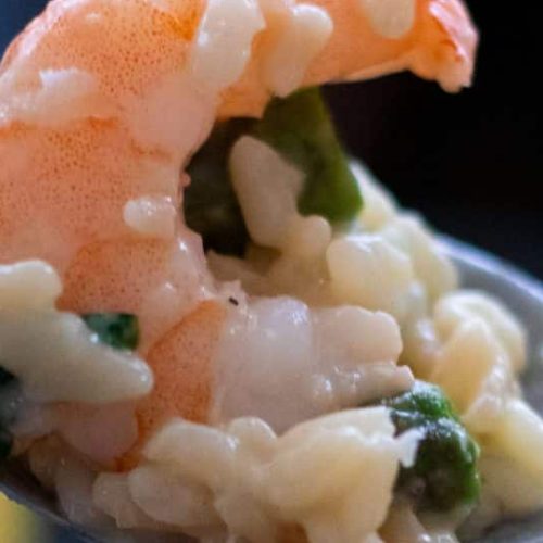 A spoonful of risotto with shrimp.