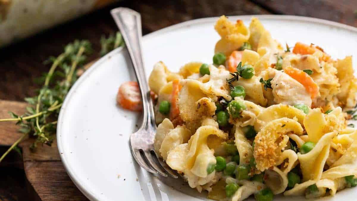 A plate of chicken noodle casserole.