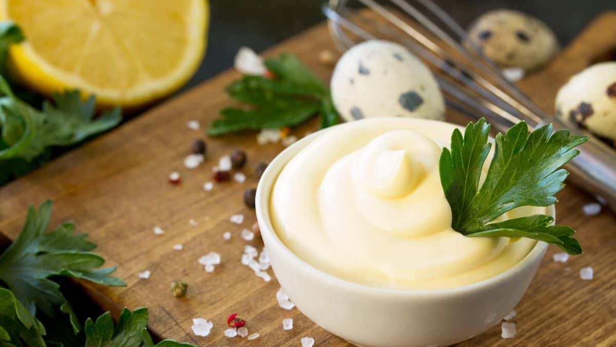 A small bowl of homemade mayonnaise.