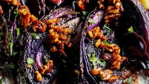 Charred cabbage with maple pecans.