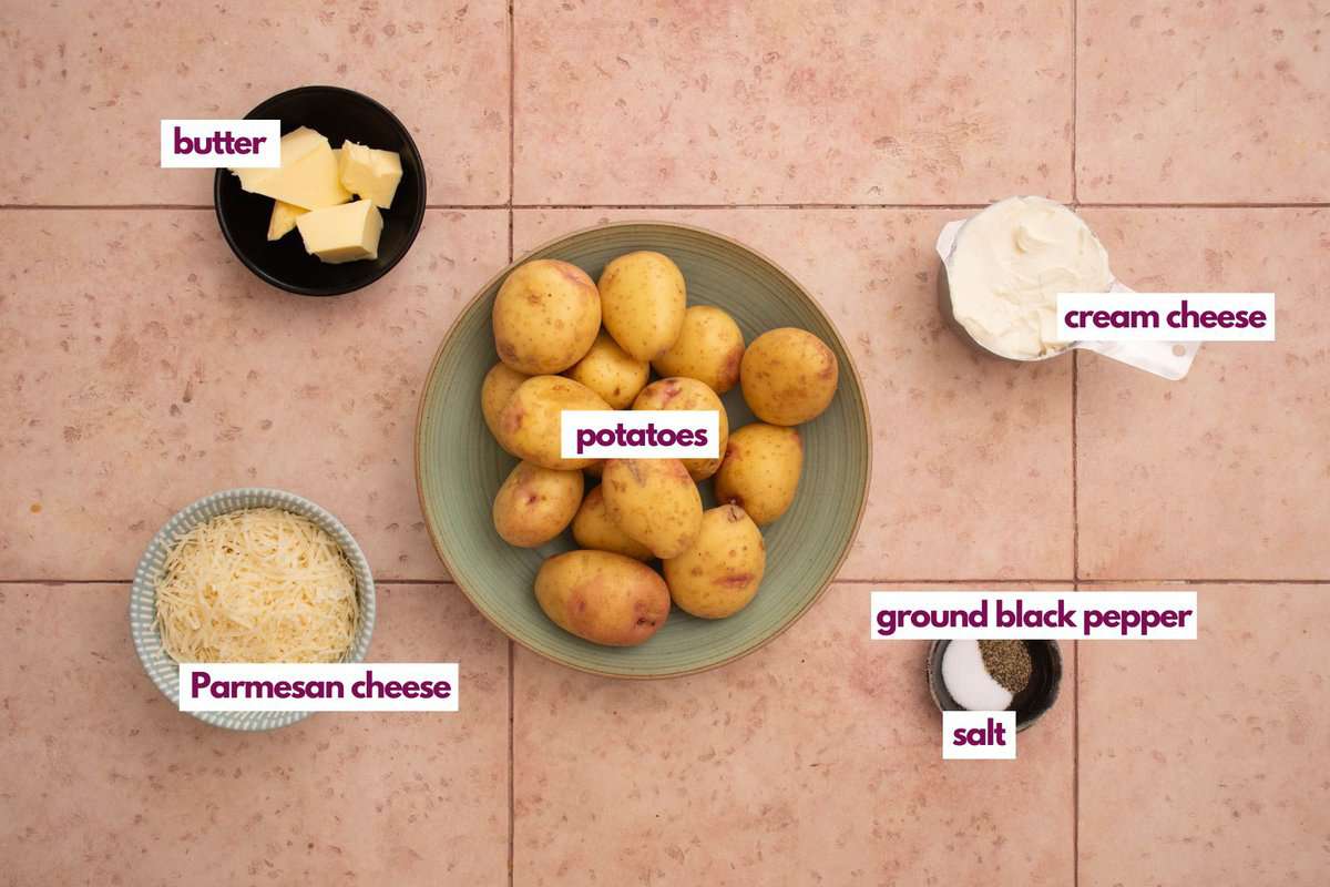 Ingredients for cheesy mashed potatoes.