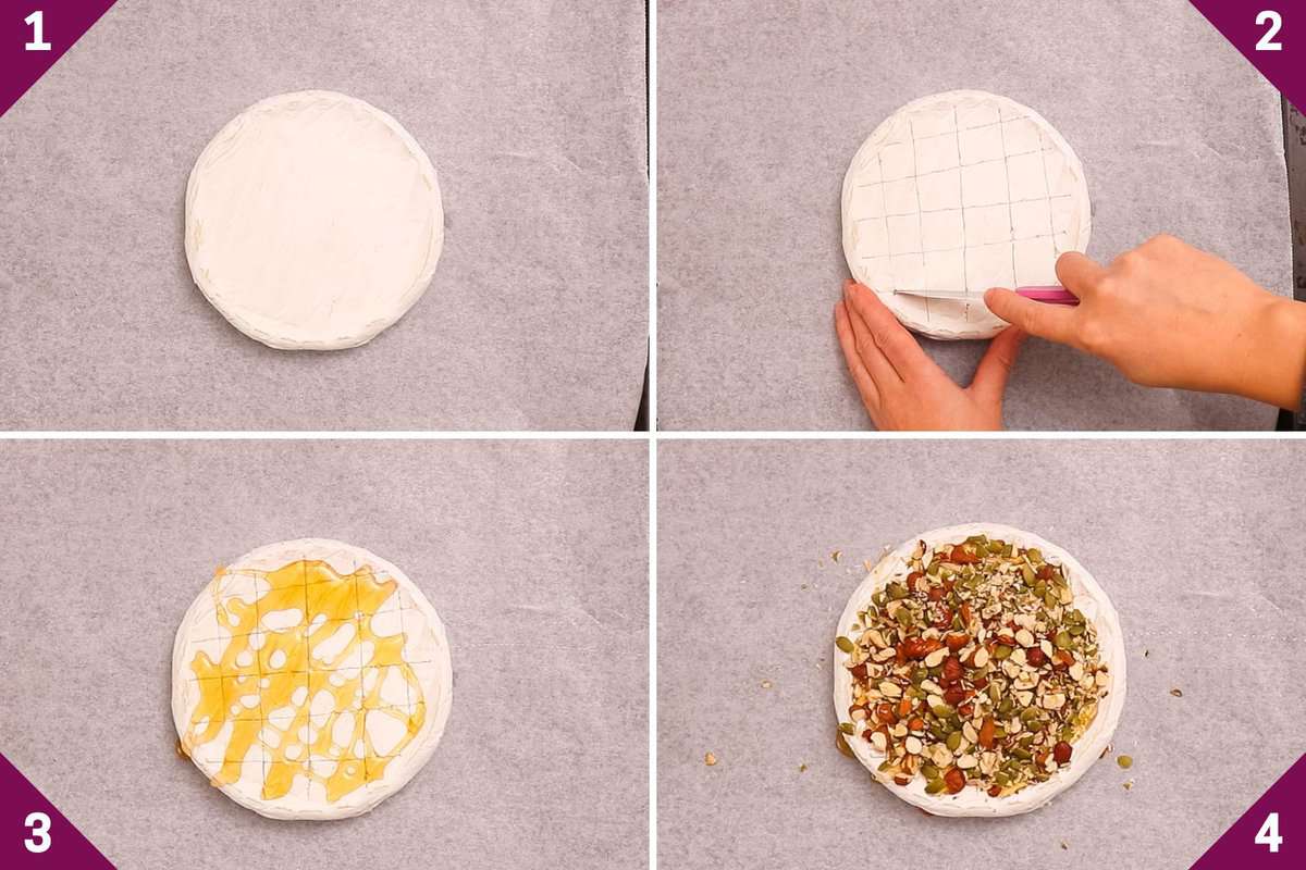 Collage showing how to bake brie.