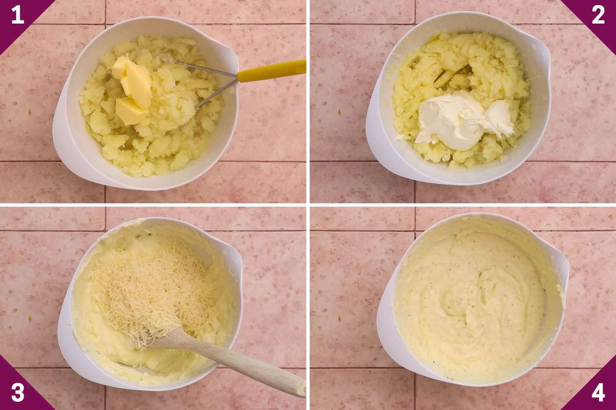 Collage showing how to make cheesy mashed potatoes.