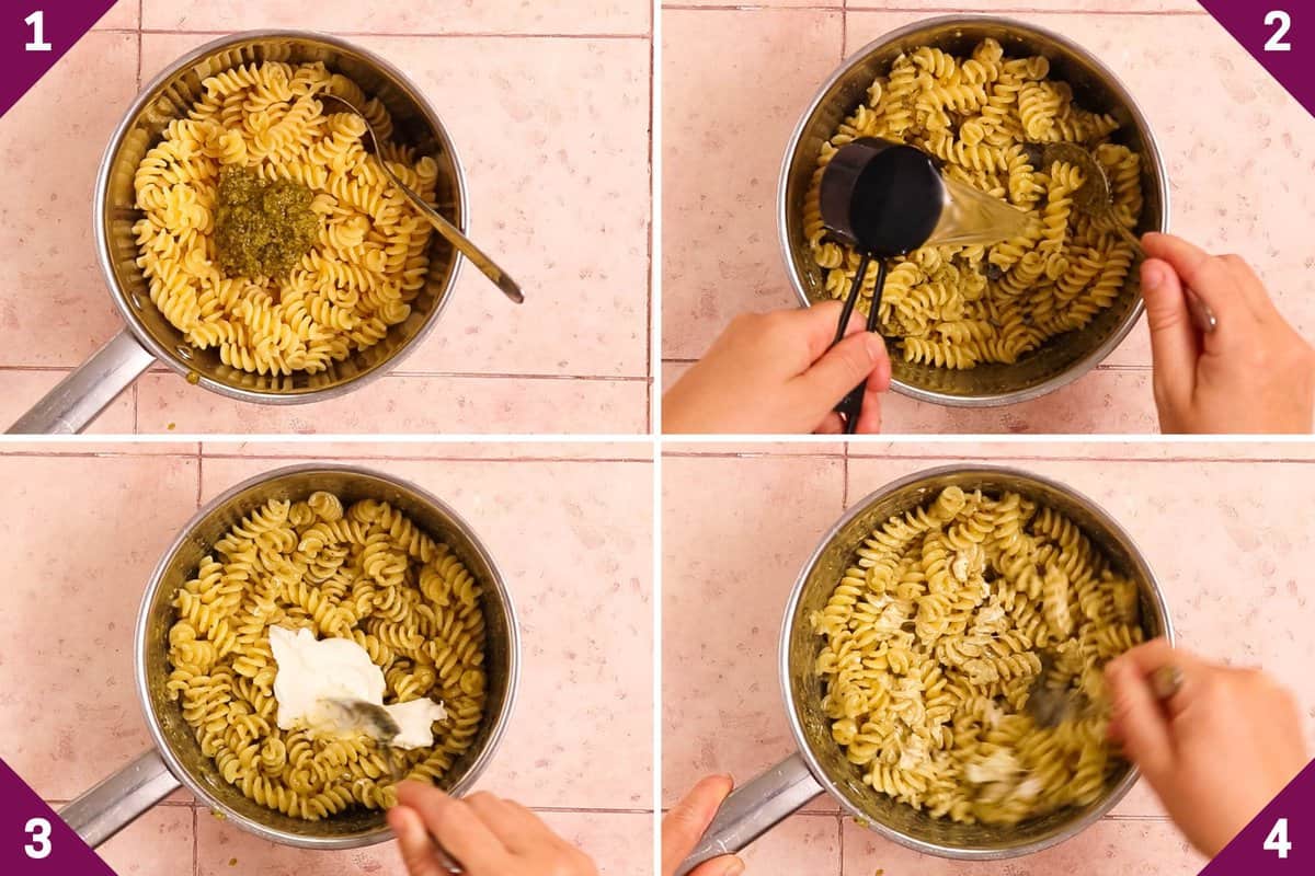 Collage showing how to make creamy pesto pasta.