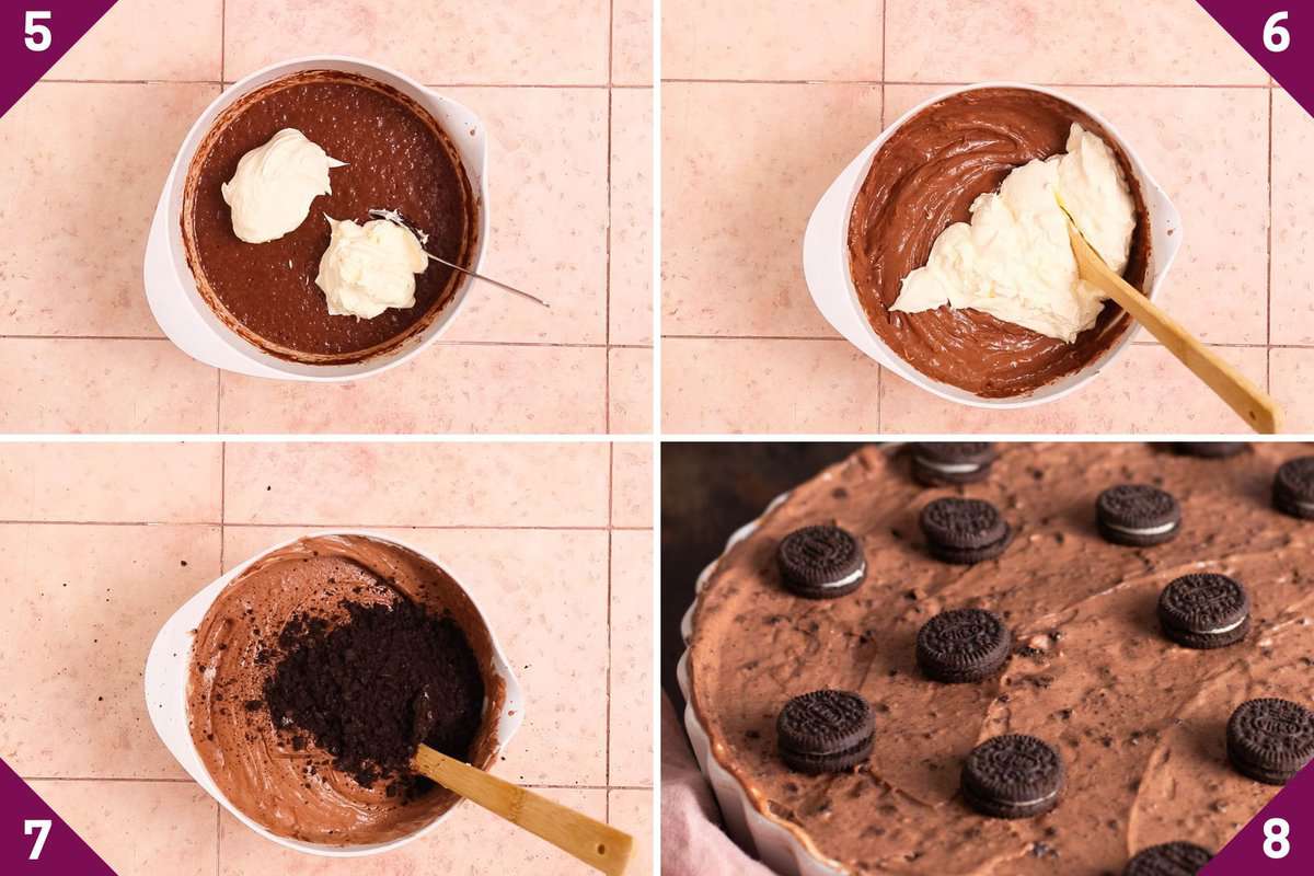 Collage showing how to make Oreo dirt pie.