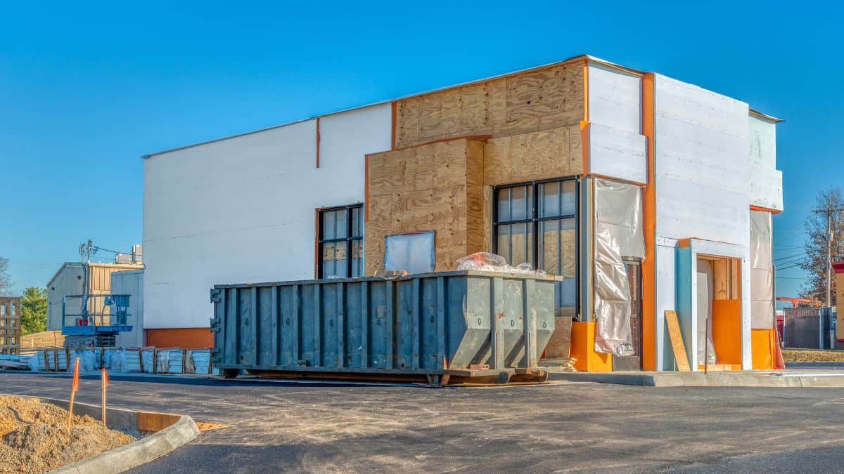 Exterior of a fast food restaurant being built.