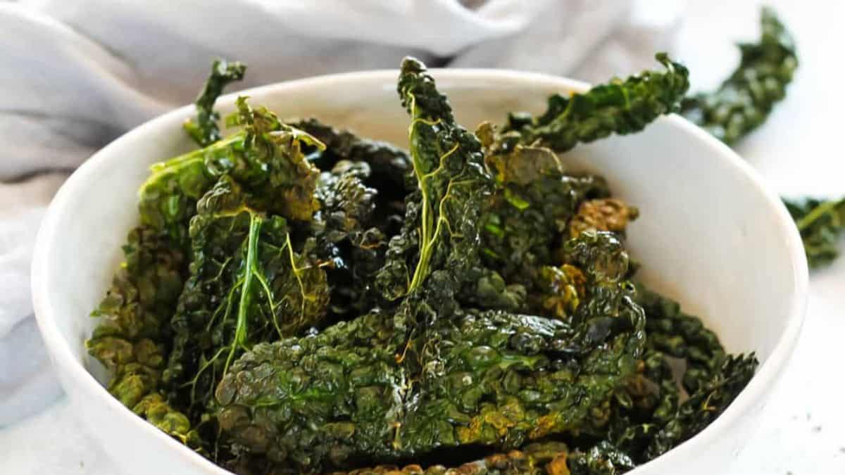 A bowl of kale chips.