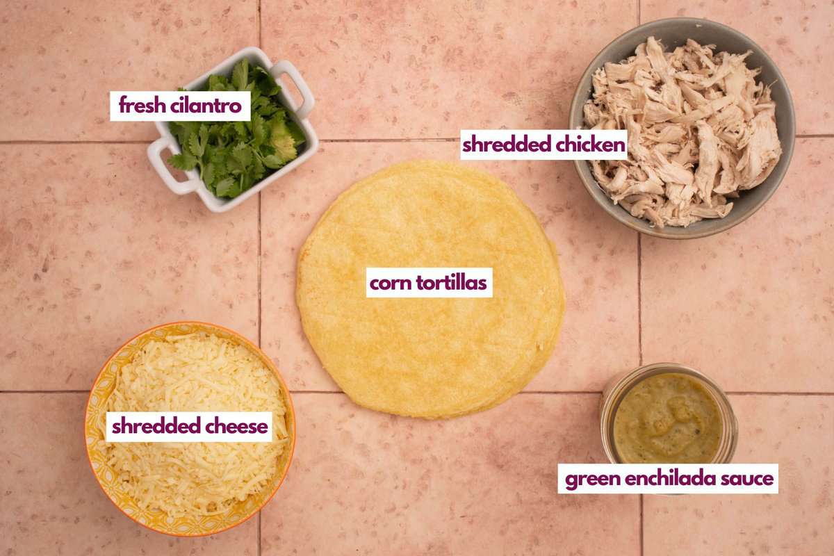 Ingredients needed to make chicken enchiladas with green sauce.