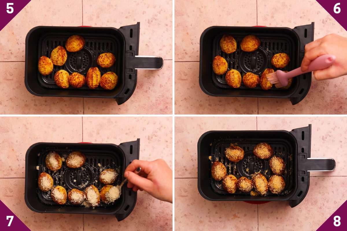 Collage showing how to make air fryer hasselback potatoes.