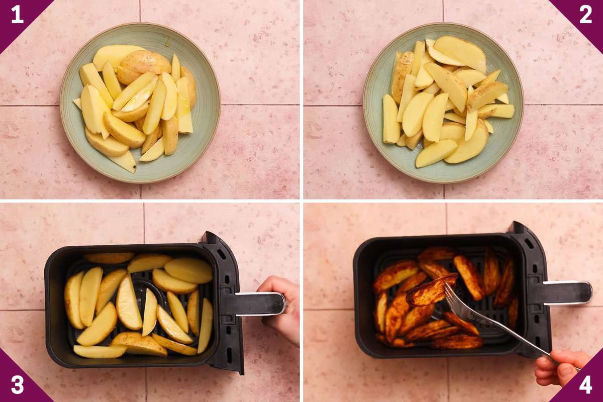 Collage showing how to make air fryer steak fries.
