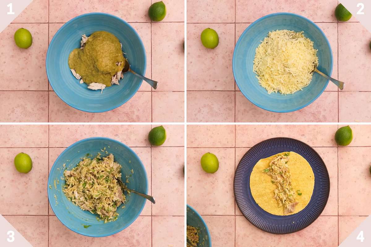 Collage showing how to make chicken enchiladas with green sauce.
