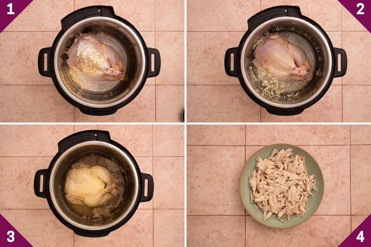 Collage showing how to make instant pot shredded chicken.