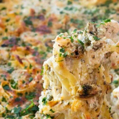 A spoonful of seafood pasta bake.