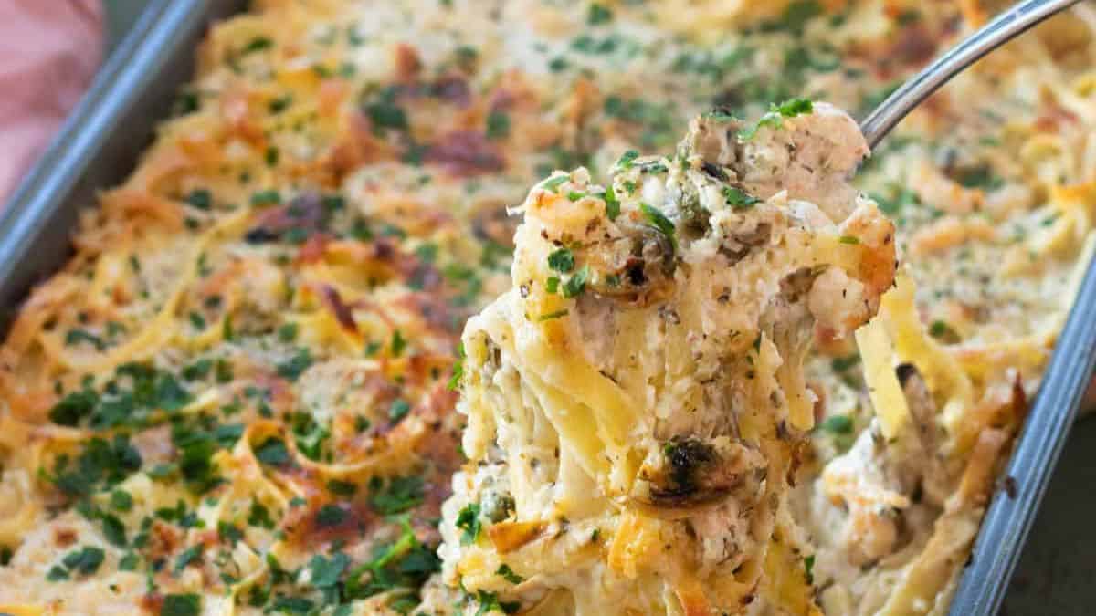 A spoonful of seafood pasta bake.