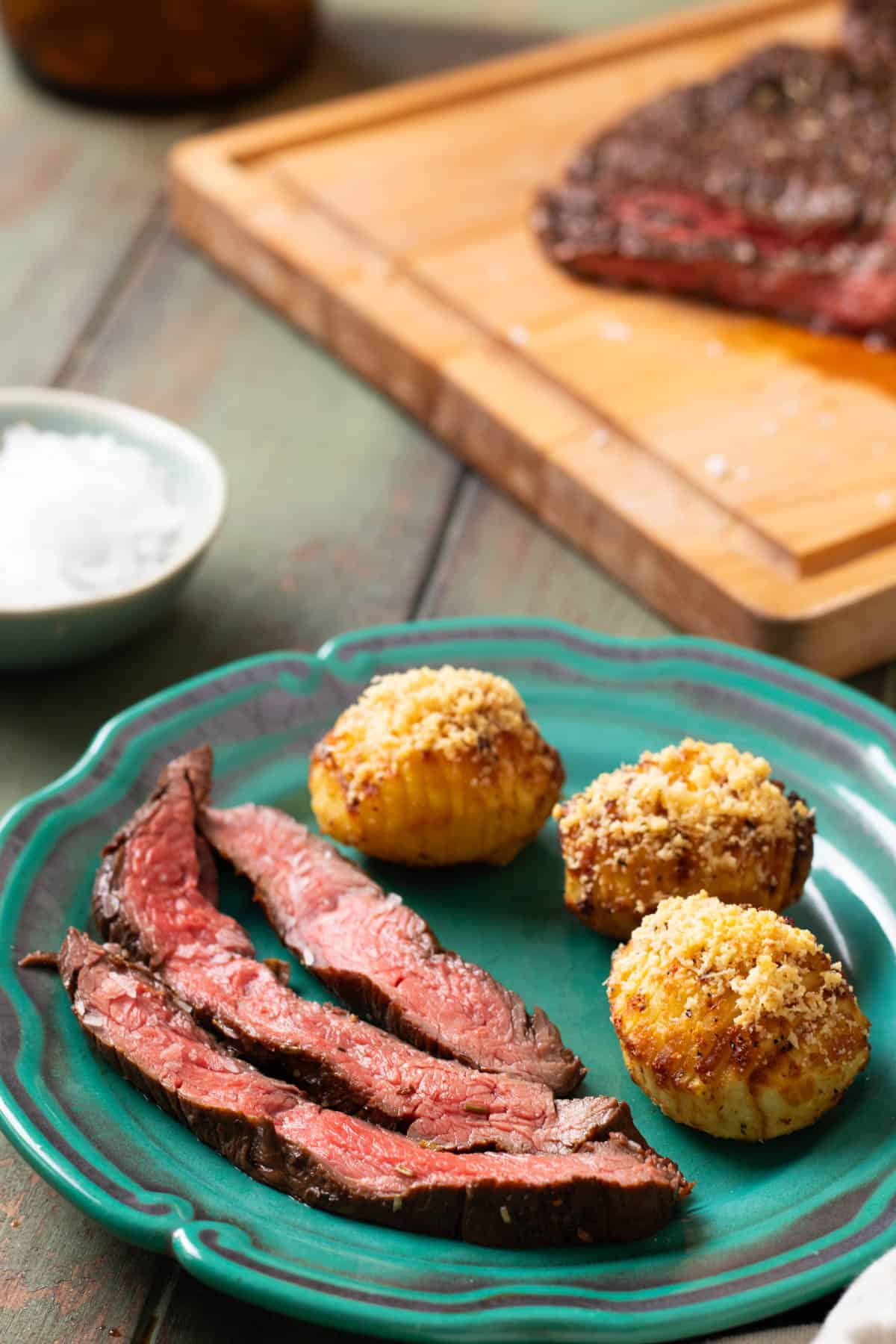 Air fryer flank steak with hasselback potatoes.