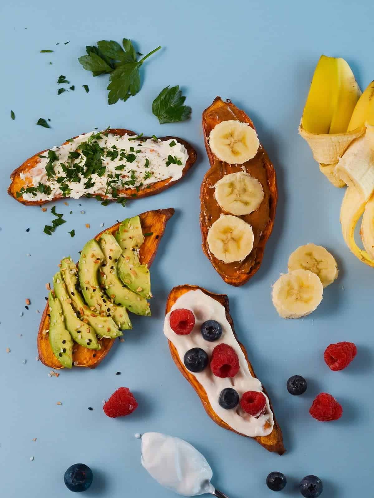 Sweet potato toast with various toppings.