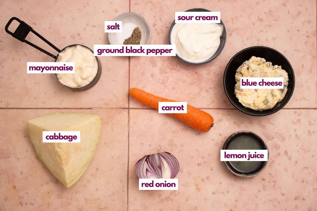 Ingredients needed to make blue cheese coleslaw.