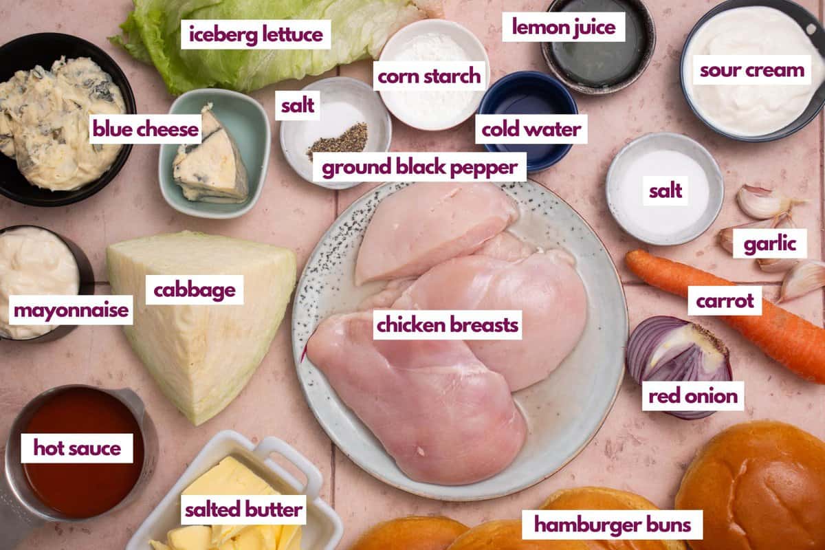 Ingredients needed to make buffalo chicken sandwich.