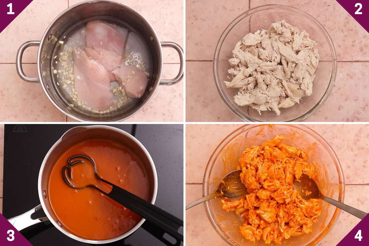 Collage showing how to make buffalo chicken sandwich.