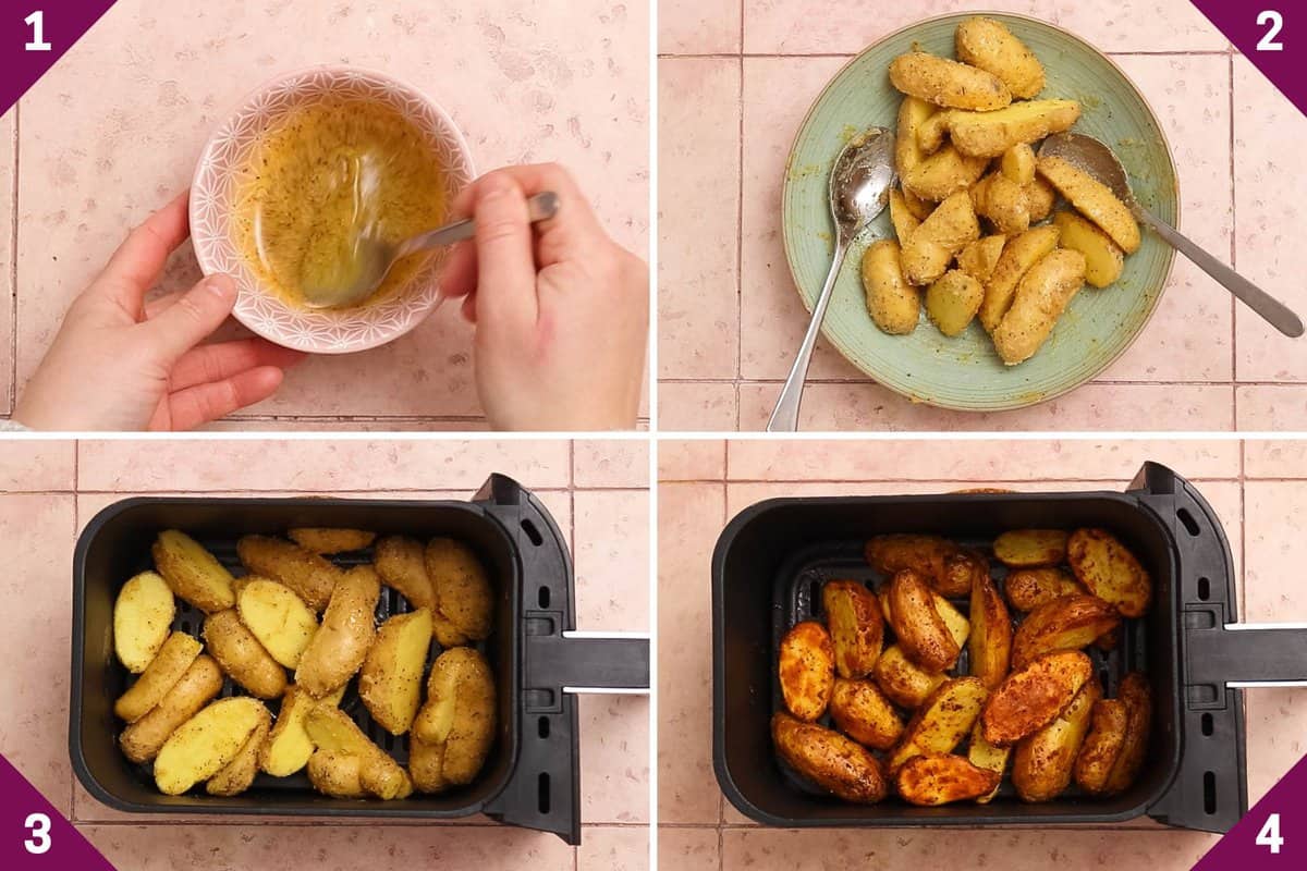 Collage showing how to make air fryer fingerling potatoes.