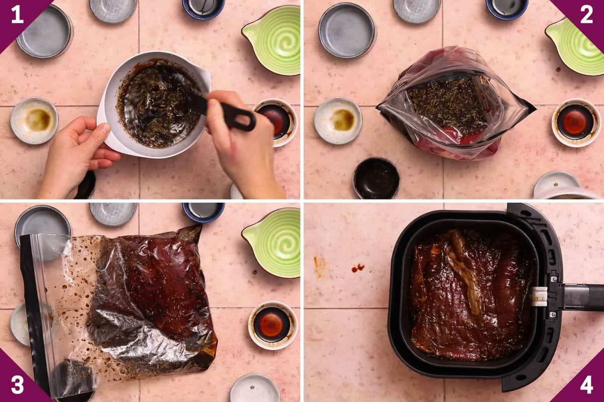 Collage showing how to make air fryer flank steak.