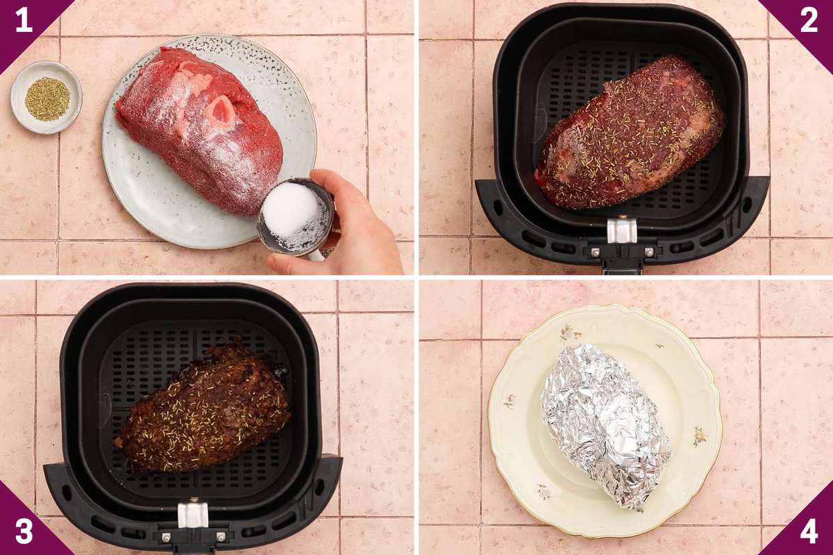 Collage showing how to make fryer roast beef.