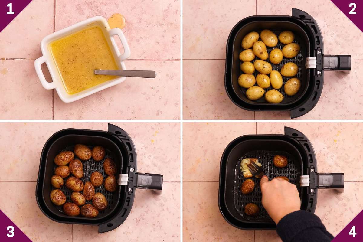 Collage showing how to make air fryer smashed potoatoes.