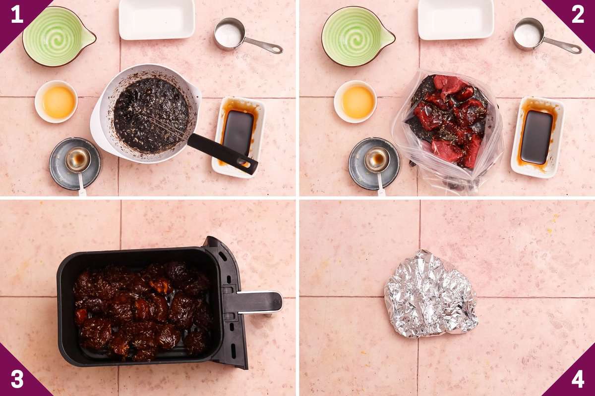 Collage showing how to make air fryer steak bites.