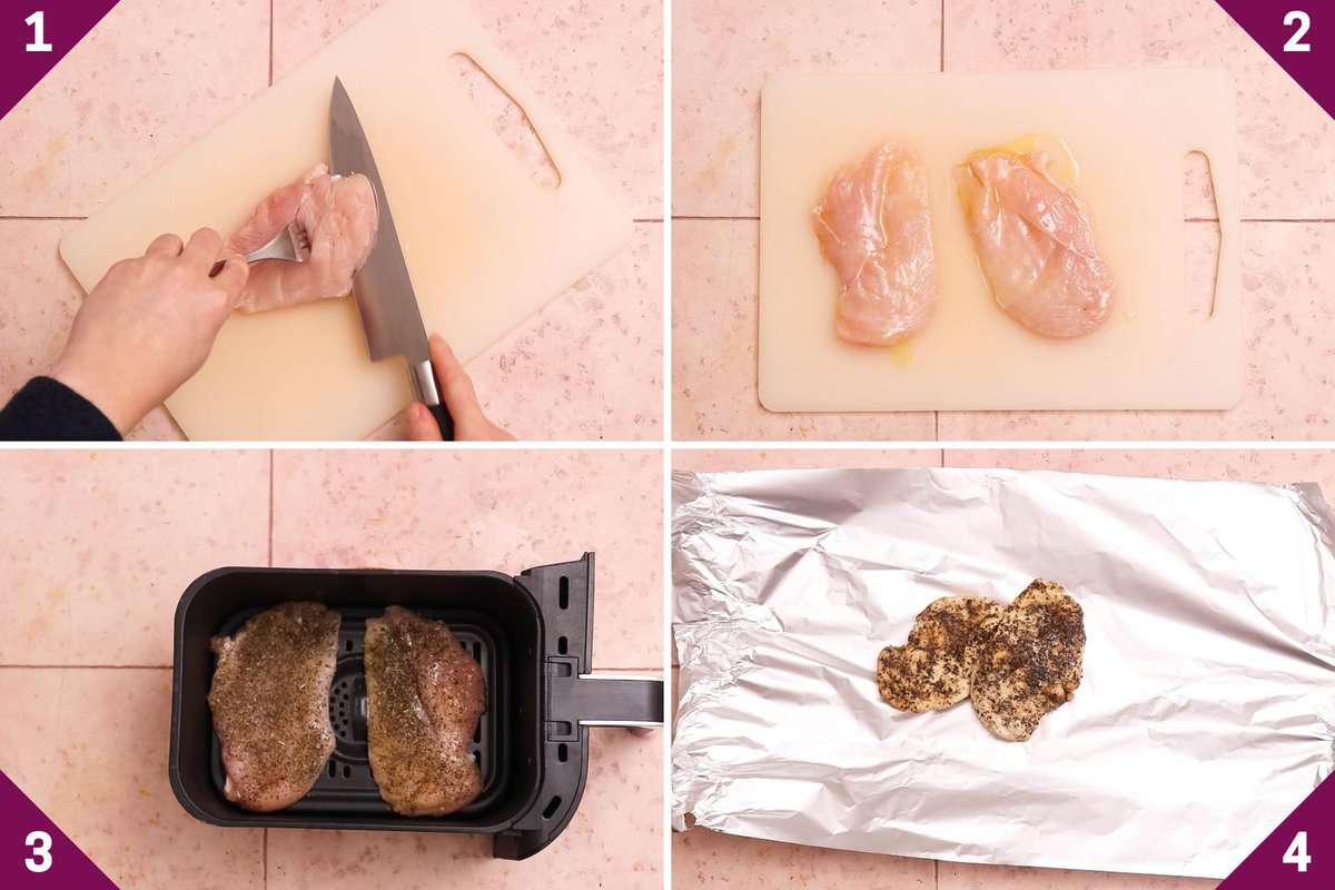 Collage showing how to make air fryer thin chicken breasts.