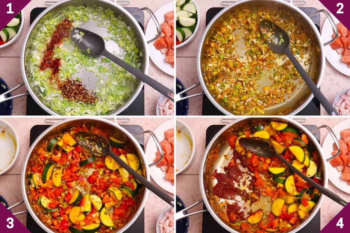 Collage showing how to make Salmon Stew.