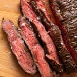 Perfectly pink sliced air fryer flank steak.