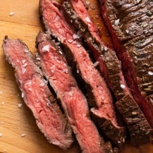 Perfectly pink sliced air fryer flank steak.