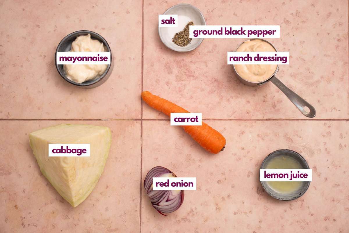 Ingredients needed to make ranch coleslaw.