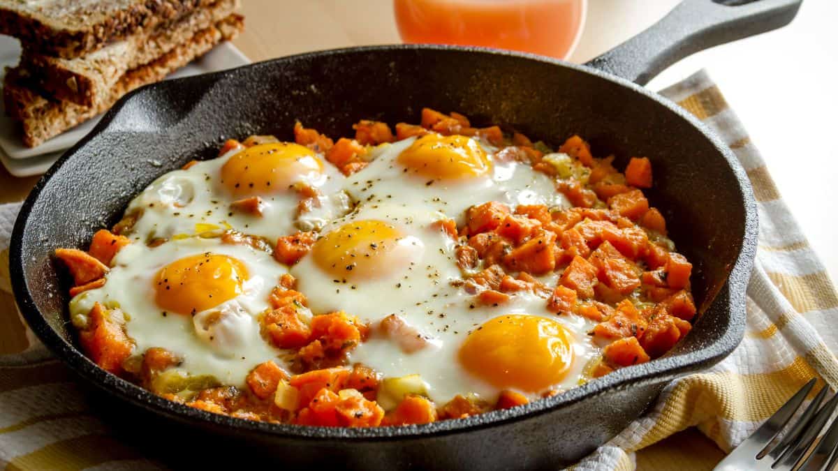 Breakfast skillet with eggs.