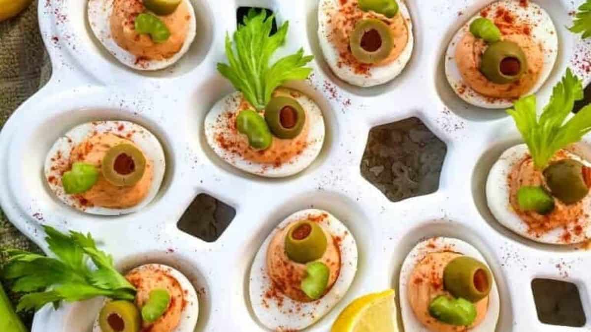Bloody Mary Deviled Eggs.