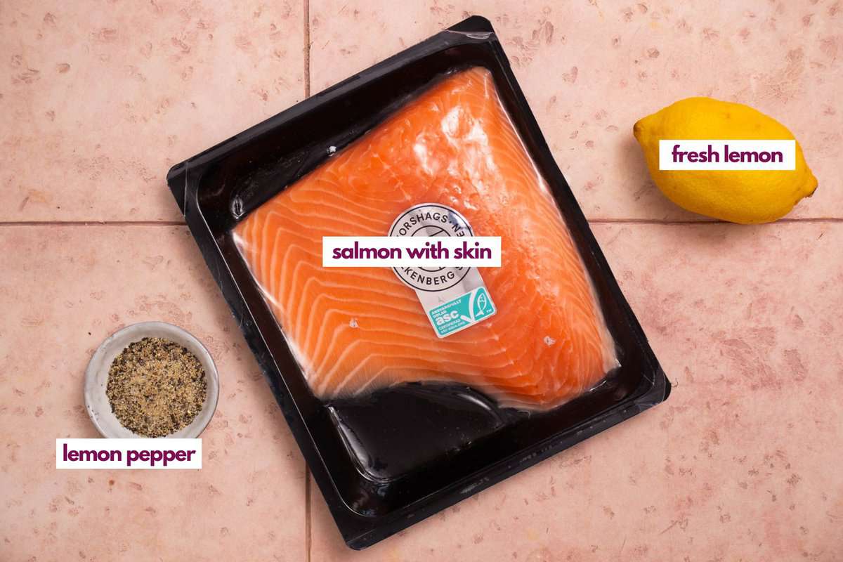 Ingredients needed to make air fryer salmon with skin.