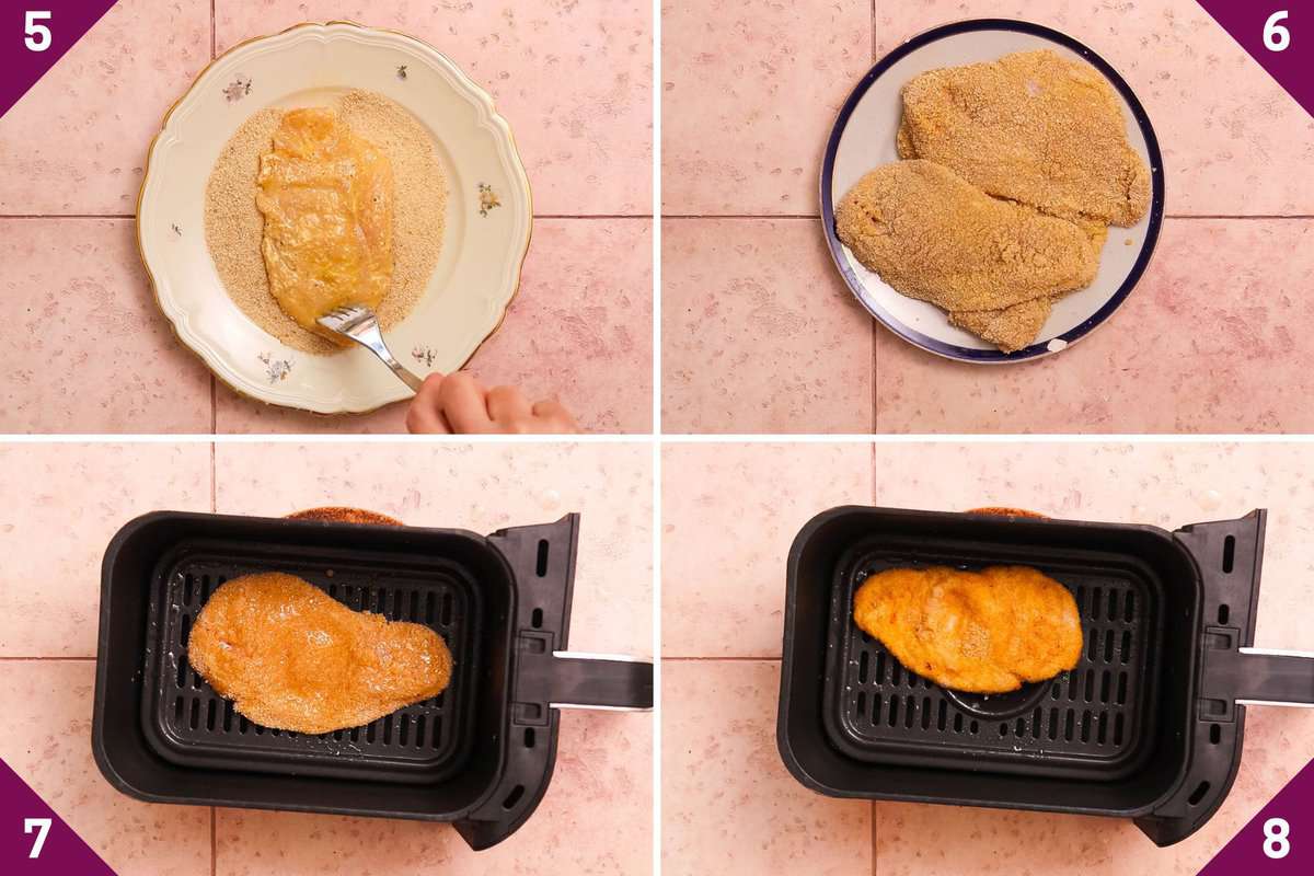 Collage showing how to make air fryer chicken cutlets.