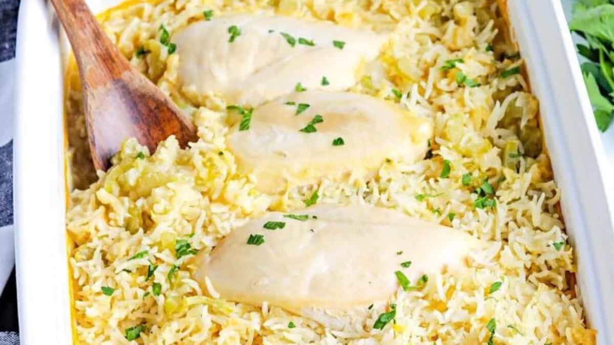 Chicken baked on top of rice.