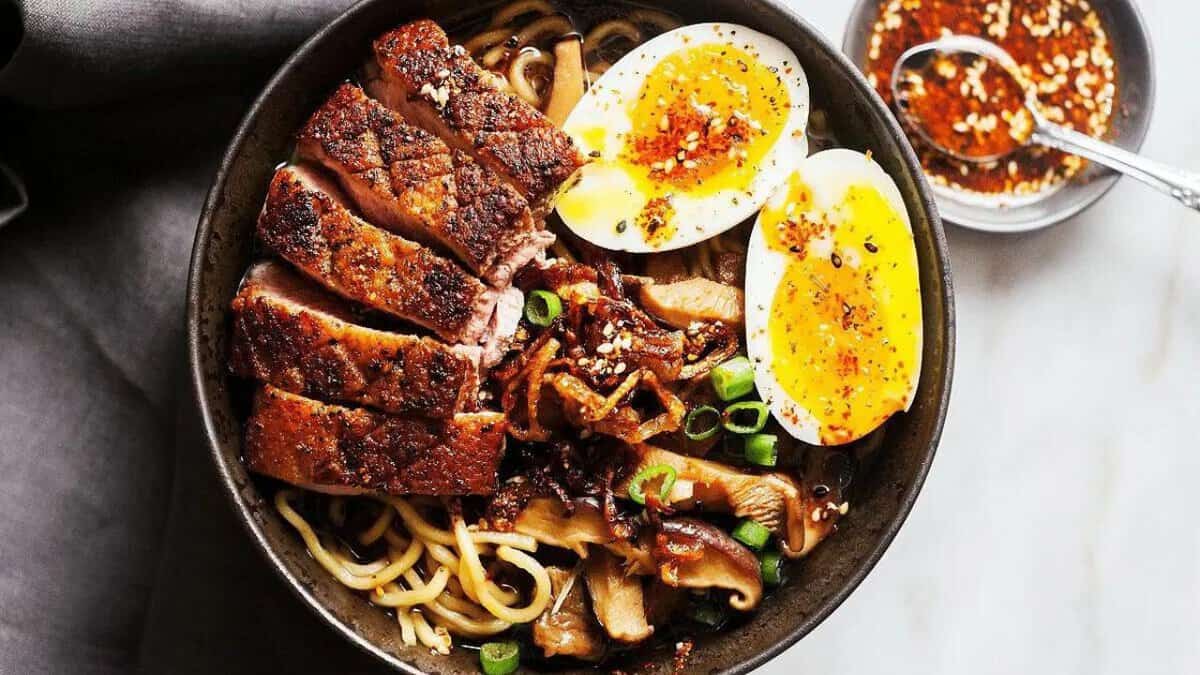 Crispy Duck Ramen with Porcini Mushrooms.