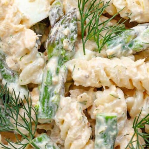 Salmon asparagus pasta salad.