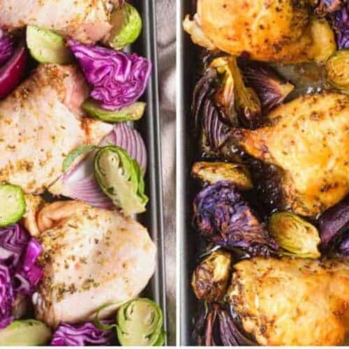 Sheet pan with chicken and cabbage before and after cooking.
