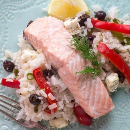 Greek salmon with rice and peppers.
