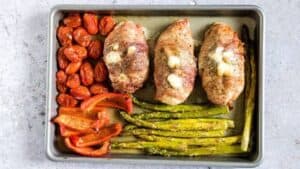 Sheet pan prosciutto wrapped chicken.