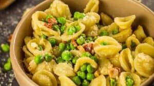 Pasta with pancetta and peas.